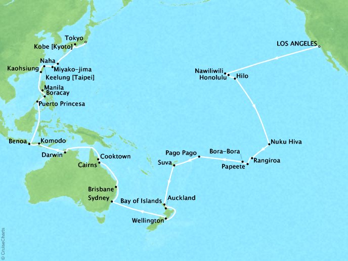 Cruises Oceania Insignia Map Detail Los Angeles, CA, United States to Tokyo, Japan January 30 March 31 2019 - 59 Days