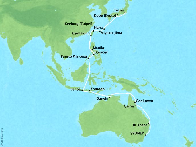 Cruises Oceania Insignia Map Detail Sydney, Australia to Tokyo, Japan March 4-31 2019 - 27 Days