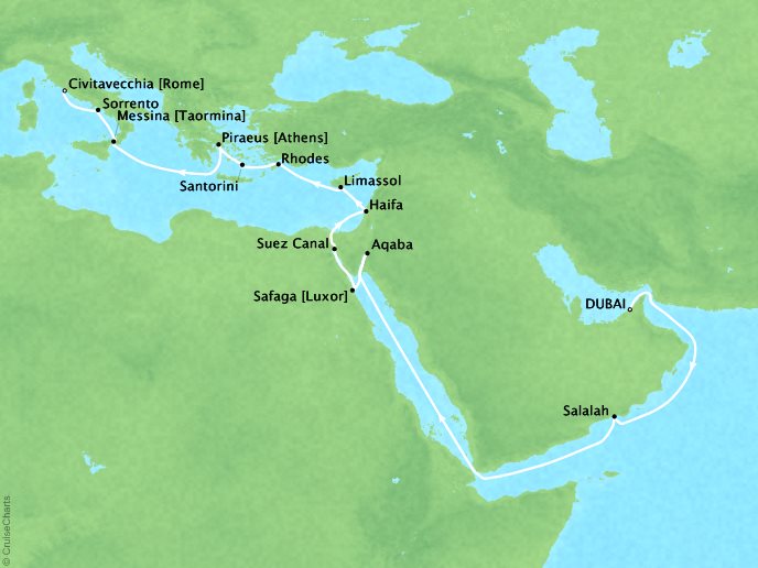 Cruises Oceania Insignia Map Detail Dubai, United Arab Emirates to Civitavecchia, Italy May 13 June 4 2019 - 22 Days