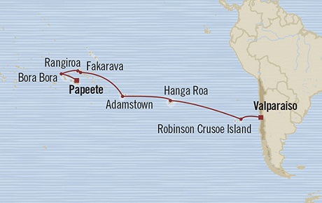 Cruises Around The World Oceania Marina January 7-25 2025 Valparaso, Chile to Papeete, French Polynesia