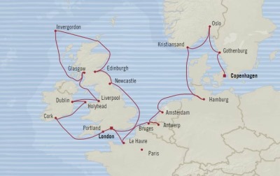 Cruises Oceania Marina Map Detail Southampton, United Kingdom to Copenhagen, Denmark August 1-23 2017 - 23 Days