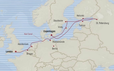 Cruises Oceania Nautica Map Detail Copenhagen, Denmark to Southampton, United Kingdom August 28 September 9 2017 - 12 Days