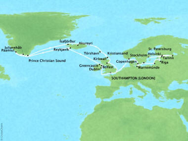 Cruises Oceania Nautica Map Detail Southampton, United Kingdom to Stockholm, Sweden July 30 September 2 2018 - 34 Days