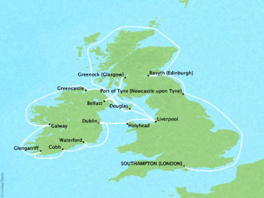 Cruises Oceania Nautica Map Detail Southampton, United Kingdom to Dublin, Ireland June 8-28 2018 - 20 Days