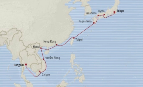 Cruises Oceania Nautica Map Detail Tokyo, Japan to Laem Chabang, Thailand March 24 April 11 2018 - 18 Days