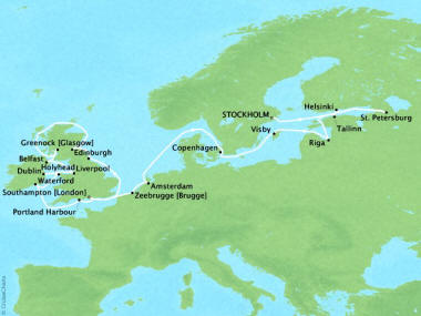 Cruises Oceania Nautica Map Detail Stockholm, Sweden to Southampton, United Kingdom September 2-26 2018 - 24 Days