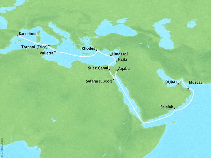 Cruises Oceania Nautica Map Detail Dubai, United Arab Emirates to Barcelona, Spain April 27 May 18 2019 - 21 Days