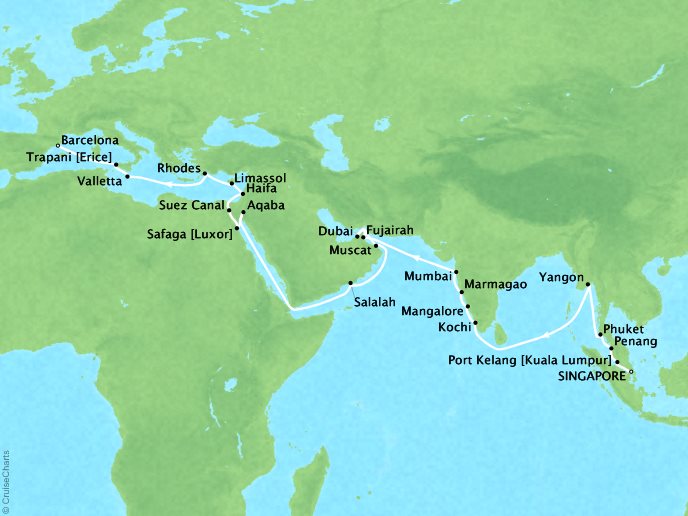 Cruises Oceania Nautica Map Detail Singapore, Singapore to Barcelona, Spain April 9 May 18 2019 - 39 Days