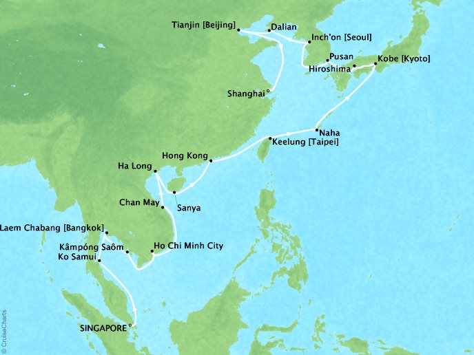 Cruises Oceania Nautica Map Detail Singapore, Singapore to Shanghai, China February 19 March 22 2019 - 31 Days