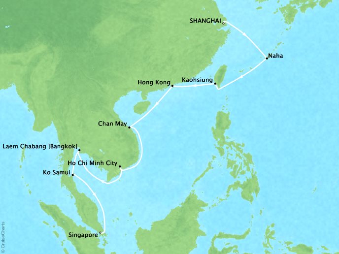 Cruises Oceania Nautica Map Detail Shanghai, China to Singapore, Singapore March 22 April 9 2019 - 33 Days