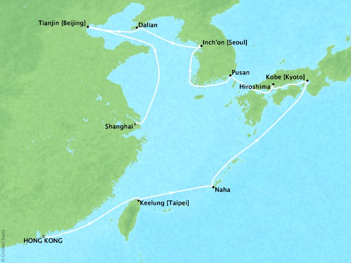 Cruises Oceania Nautica Map Detail Hong Kong, China to Shanghai, China March 7-22 2019 - 15 Days