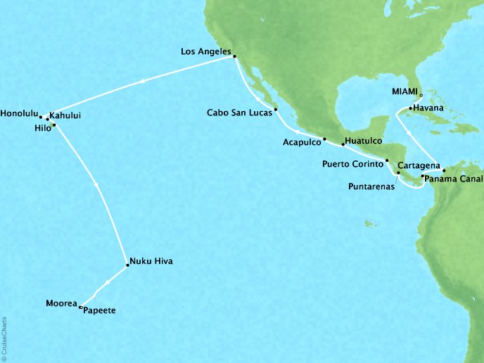 Cruises Oceania Regatta Map Detail Miami, FL, United States to Papeete, French Polynesia October 26 November 27 2018 - 32 Days