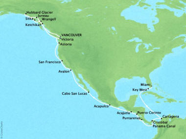 Cruises Oceania Regatta Map Detail Vancouver, Canada to Miami, FL, United States September 27 October 26 2018 - 29 Days