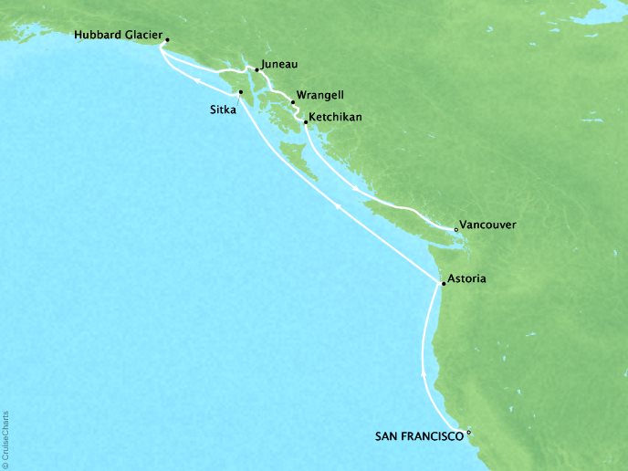 Cruises Oceania Regatta Map Detail San Francisco, CA, United States to Vancouver, BC, Canada April 19-29 2019 - 10 Days