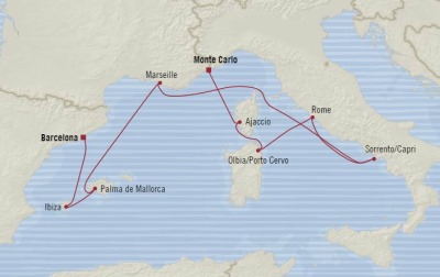 Cruises Oceania Riviera Map Detail Monte Carlo, Monaco to Barcelona, Spain August 13-22 2017 - 9 Days