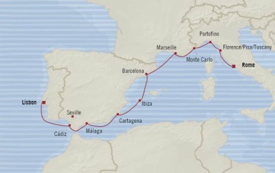 Cruises Oceania Riviera Map Detail Lisbon, Portugal to Civitavecchia, Italy July 5-16 2017 - 11 Days