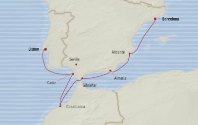 Cruises Oceania Riviera Map Detail Barcelona, Spain to Lisbon, Portugal June 28 July 5 2017 - 7 Days