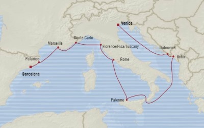 Cruises Oceania Riviera Map Detail Barcelona, Spain to Venice, Italy September 18-29 2017 - 11 Days