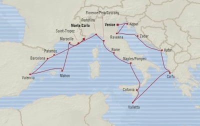 Cruises Oceania Riviera Map Detail Venice, Italy to Monte Carlo, Monaco September 29 October 17 2017 - 18 Days