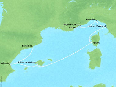 Cruises Oceania Riviera Map Detail Monte Carlo, Monaco to Barcelona, Spain August 30 September 6 2018 - 7 Days