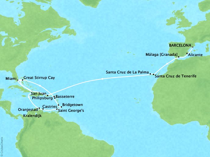 Cruises Oceania Riviera Map Detail Barcelona, Spain to Miami, FL, United States November 13 December 9 2018 - 26 Days