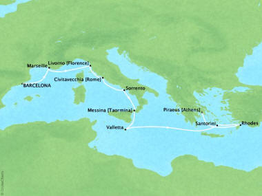 Cruises Oceania Riviera Map Detail Barcelona, Spain to Piraeus, Greece October 4-14 2018 - 10 Days