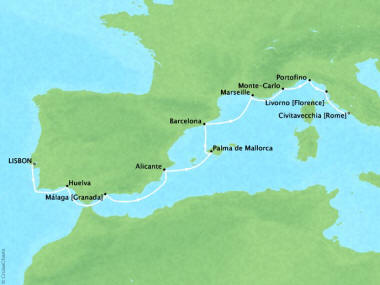 Cruises Oceania Riviera Map Detail Lisbon, Portugal to Civitavecchia, Italy September 14-24 2018 - 10 Days