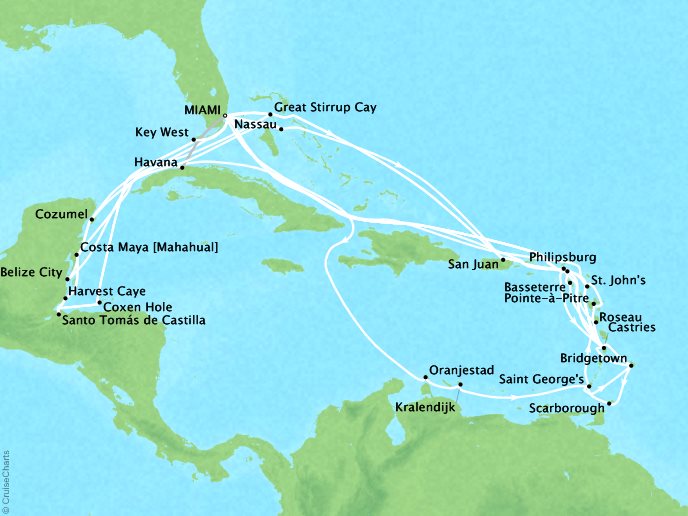 Cruises Oceania Riviera Map Detail Miami, FL, United States to Miami, FL, United States January 12 April 5 2019 - 83 Days