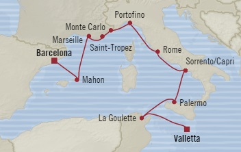 Cruises Around The World Oceania Sirena July 7-17 2025 Valletta, Malta to Barcelona, Spain