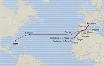 Cruises Oceania Sirena Map Detail Barcelona, Spain to Miami, FL, United States September 22 October 17 2017 - 25 Days
