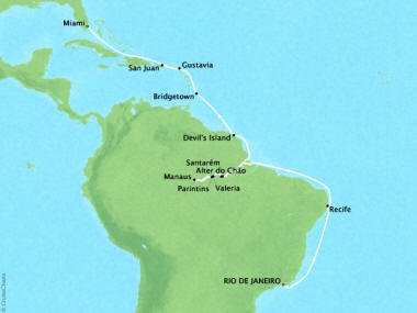 Cruises Oceania Sirena Map Detail Rio De Janeiro, Brazil to Miami, FL, United States April 2-23 2018 - 21 Days