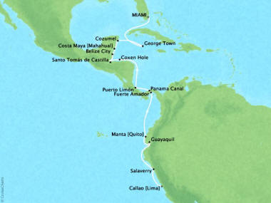 Cruises Oceania Sirena Map Detail Miami, FL, United States to Callao, Peru February 10-28 2018 - 18 Days