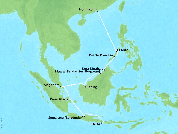 Cruises Ponant Yatch Cruises Expeditions L'Austral Map Detail Benoa (Bali), Indonesia to Hong Kong, China October 3-19 2021 - 16 Days
