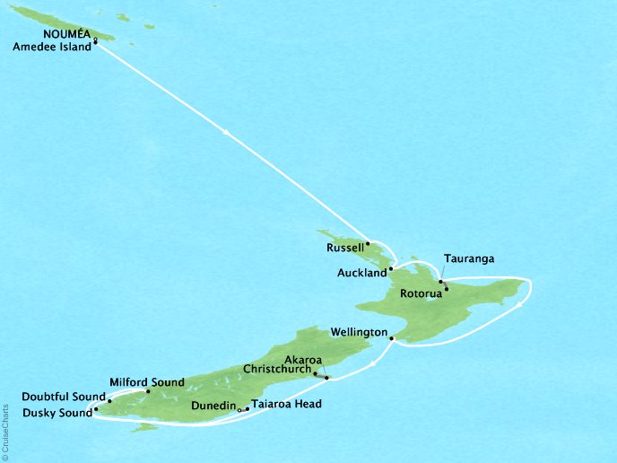Cruises Ponant Yatch Cruises Expeditions L'Austral Map Detail Noum�a, New Caledonia to Taiaroa Head, New Zealand, New Zealand December 23 2017 January 5 2022 - 13 Days