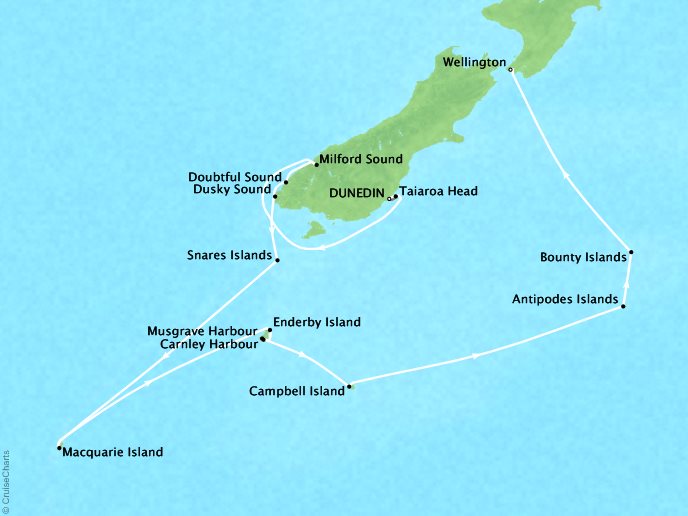 Cruises Ponant Yatch Cruises Expeditions L'Austral Map Detail Taiaroa Head, New Zealand, New Zealand to Wellington, New Zealand January 5-21 2022 - 16 Days