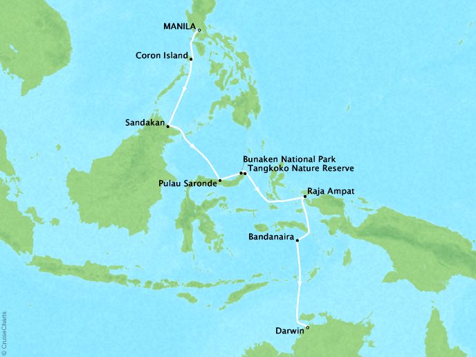 Cruises Ponant Yatch Cruises Expeditions L'Austral Map Detail Manila, Philippines to Darwin, Australia June 17-29 2022 - 12 Days