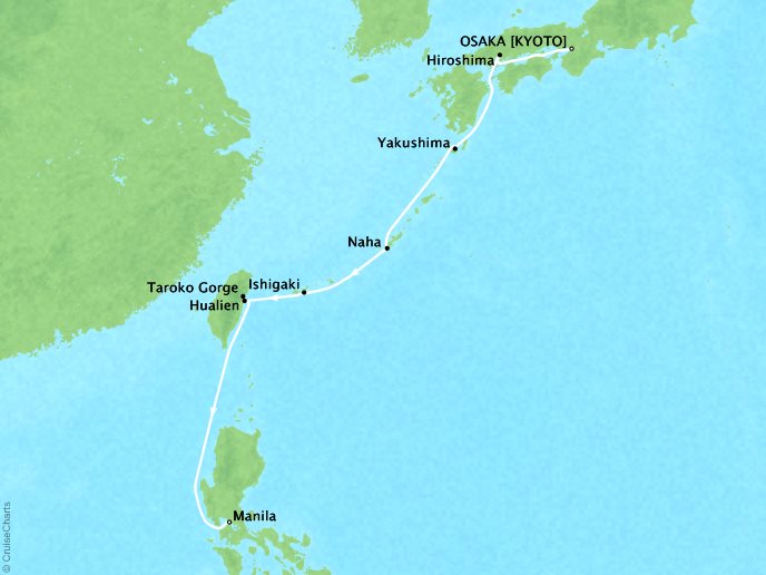 Cruises Ponant Yatch Cruises Expeditions L'Austral Map Detail Osaka, Japan to Manila, Philippines June 8-17 2018 - 9 Days