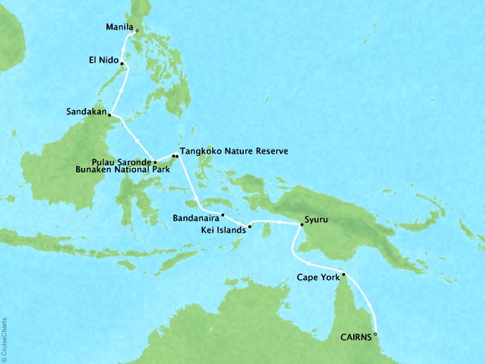 Cruises Ponant Yatch Cruises Expeditions L'Austral Map Detail Cairns, Australia to Manila, Philippines March 15-31 2018 - 16 Days