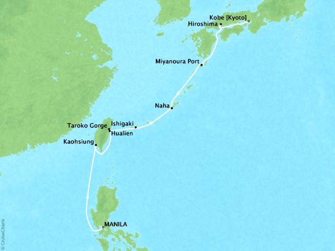 Cruises Ponant Yatch Cruises Expeditions L'Austral Map Detail Manila, Philippines to Kobe, Japan March 31 April 9 2022 - 9 Days