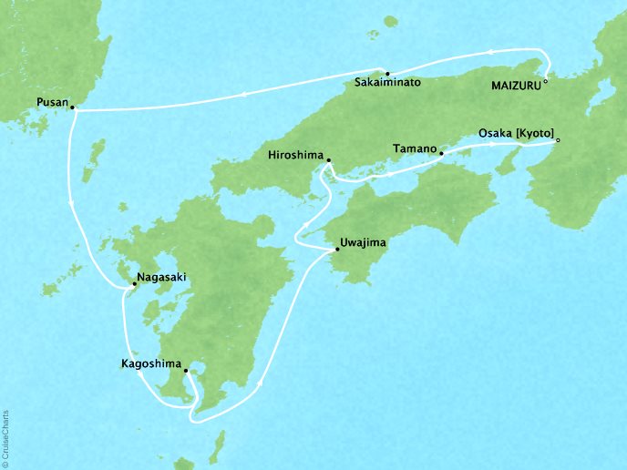 Cruises Ponant Yatch Cruises Expeditions L'Austral Map Detail Maizuru, Japan to Osaka, Japan May 3-11 2018 - 8 Days