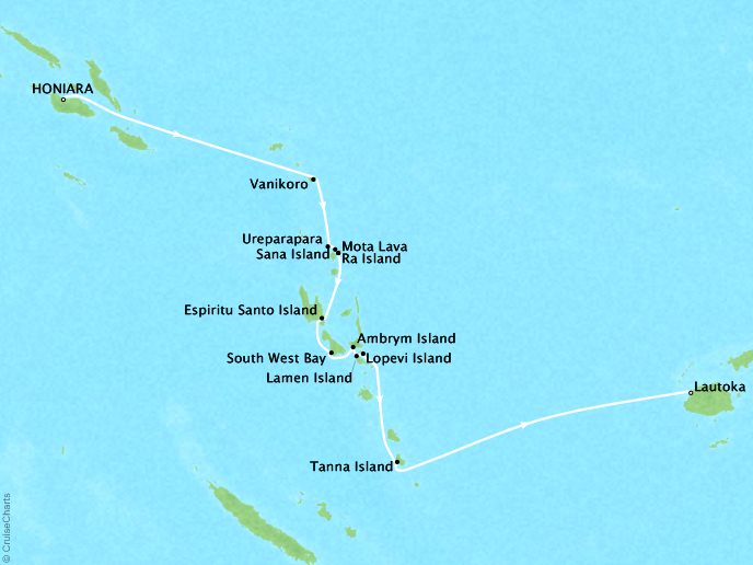 Cruises Ponant Yatch Cruises Expeditions L'Austral Map Detail Honiara, Solomon Islands to Lautoka, Fiji September 13-24 2018 - 11 Days