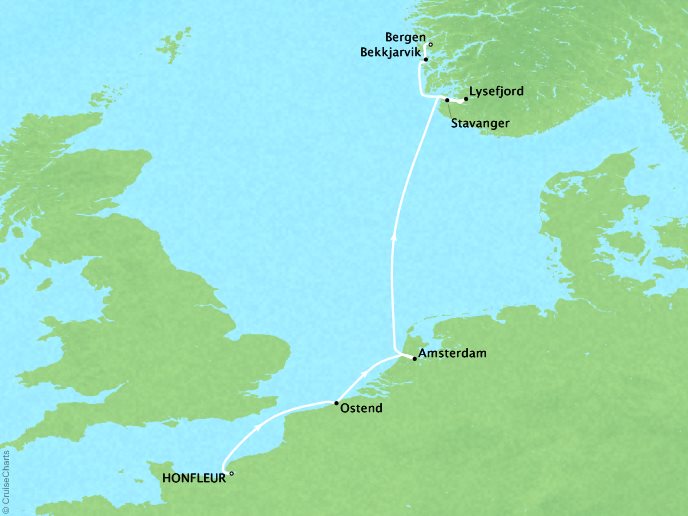 Cruises Ponant Yatch Cruises Expeditions Le Boreal Map Detail Honfleur, France to Bergen, Norway June 2-8 2022 - 6 Days