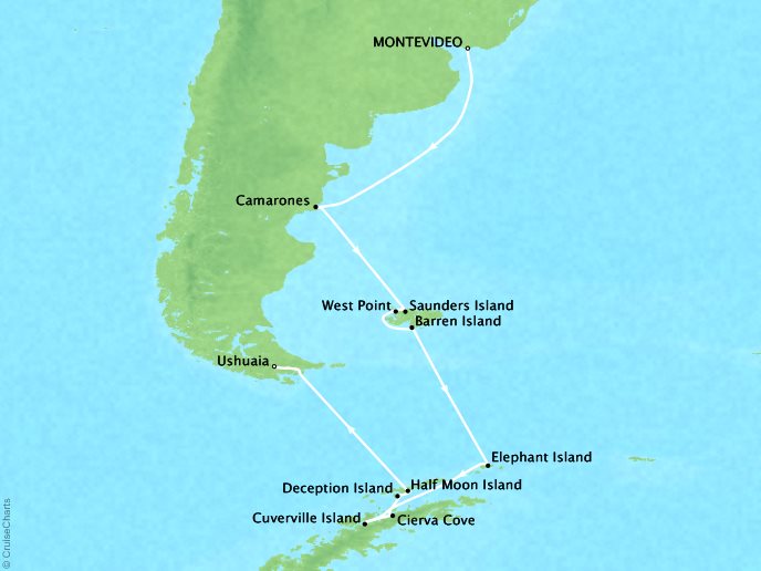 Cruises Ponant Yatch Cruises Expeditions Le Lyrial Map Detail Montevideo, Uruguay to Ushuaia, Argentina November 19 December 3 2021 - 14 Days