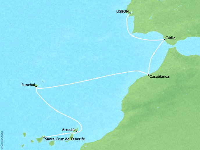 Cruises Ponant Yatch Cruises Expeditions Le Lyrial Map Detail Lisbon, Portugal to Santa Cruz De Tenerife, Spain October 29 November 5 2021 - 7 Days