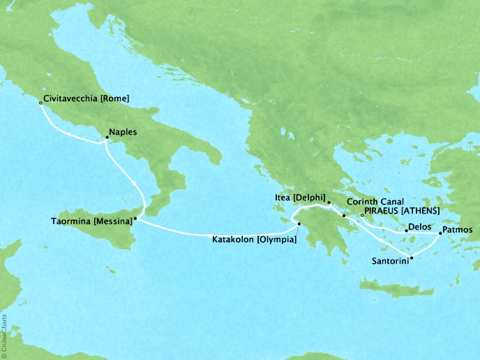 Cruises Ponant Yatch Cruises Expeditions Le Lyrial Map Detail Piraeus, Greece to Civitavecchia, Italy September 26 October 3 2017 - 7 Days