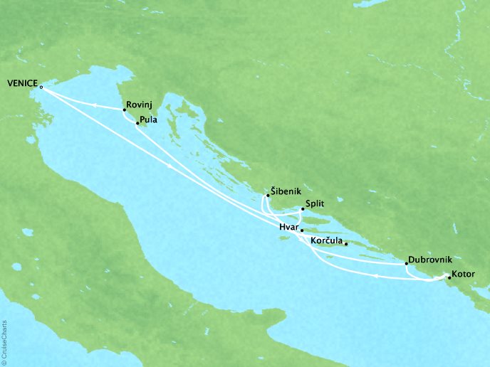 Cruises Ponant Yatch Cruises Expeditions Le Lyrial Map Detail Venice, Italy to Venice, Italy August 23-30 2022 - 7 Days