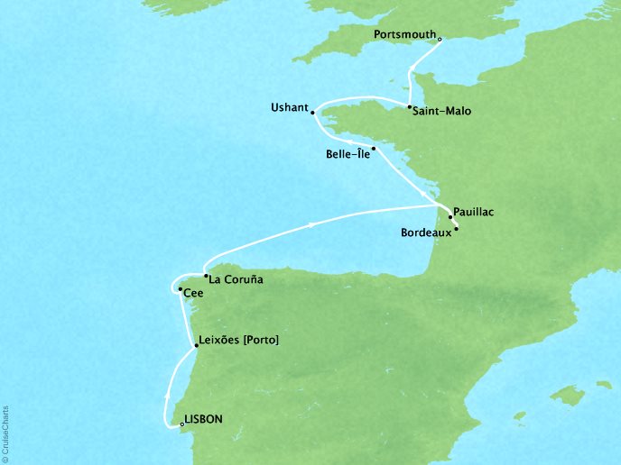 Cruises Ponant Yatch Cruises Expeditions Le Soleal Map Detail Lisbon, Portugal to Portsmouth, United Kingdom April 15-24 2021 - 9 Days