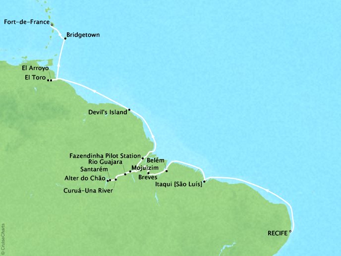 Cruises Ponant Yatch Cruises Expeditions Le Soleal Map Detail Recife, Brazil to Fort-de-France, Martinique March 17 April 3 2017 - 18 Days