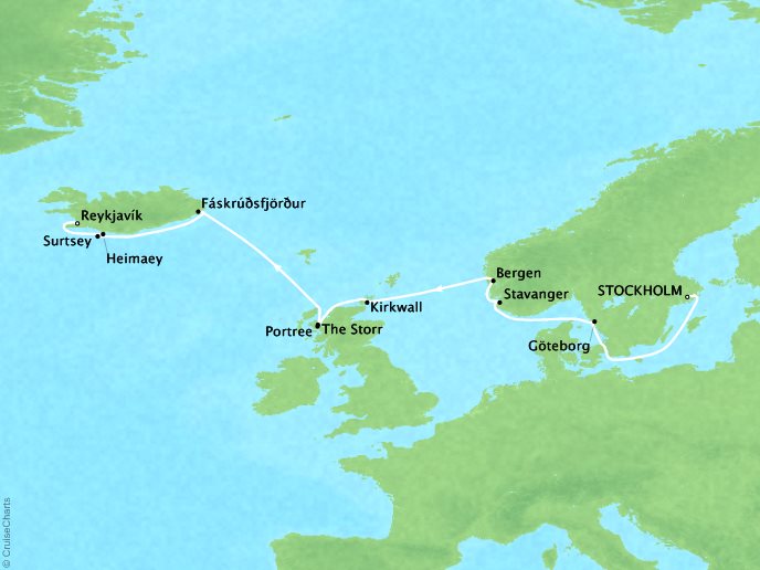 Cruises Ponant Yatch Cruises Expeditions Le Soleal Map Detail Stockholm, Sweden to Reykjav�k, Iceland June 23 July 3 2022 - 10 Days