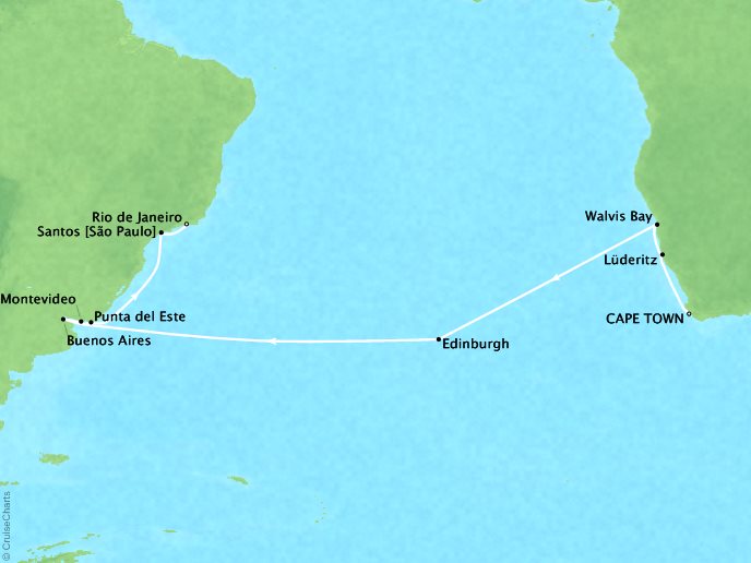 Cruises Regent Seven Seas Navigator Map Detail Cape Town, South Africa to Rio De Janeiro, Brazil April 7-30 2018 - 23 Days